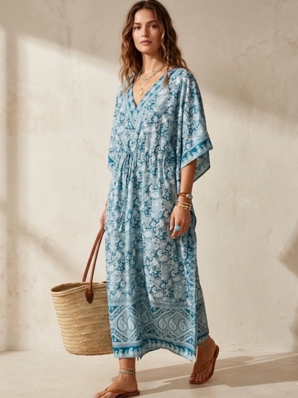 Mudit Paisley Boho Kaftan Maxi Dress Drawstring Waist O/S Blue White Resortwear